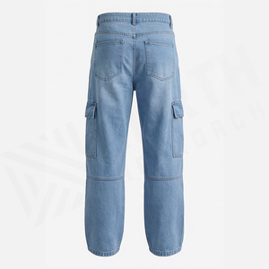 Pantalones Cargo de Cintura Alta para Hombre, Jeans de Mezclilla Azul Claro, Pantalones Utilitarios Lavados con Piedras, Corte Regular, Tela de Algodón para Primavera - Product Image 3