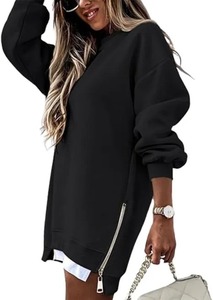 Women's Oversized Crew Neck Sweatshirt Long Sleeve <b>Zipper</b> Asymmetric Design Solid Color Knitted 100% Cotton Front Pullover - Product Image 3