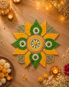 Décoration florale artisanale Rangoli jaune et verte avec pompons, décoration de sol pour Diwali, art festif Mandala, Rangoli traditionnel - Product Image 3