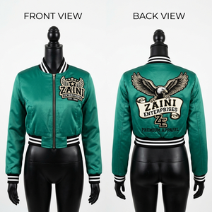 Blouson bomber court pour femme, 240 GSM, polyester sergé premium, vert émeraude, broderie chenille personnalisée, OEM ODM, marque privée - Product Image 1