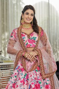 Pink Floral Print Lehenga Choli Art Silk Semi Stitched Wedding Outfit with Dupatta for <b>Bride</b> Festival Wear - Product Image 3