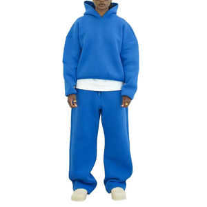 Men's Blue Hooded Sweatshirt <b>Set</b> Solid Color Casual Fleece Two-Piece Tracksuit Autumn Wear 100% Cotton French Terry - Product Image 2