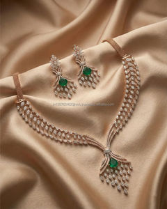 Luxury Bridal Diamond <b>Necklace</b> Set with Matching Earrings and Green Drop Pendant in Rose Gold, Elegant Wedding <b>Statement</b> Jewelry - Product Image 2