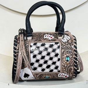 Collection de sacs Speedy Grand Moyen Petit Sac à main en cuir de vache travaillé à la main avec un design d'as de pique Sac de voyage miniature de luxe pour femmes - Product Image 4