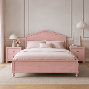 Juego de Cama de Madera de Teca Sólida con Mesitas de Noche de 2 Cajones a Juego, Dormitorio Moderno con Acabado Rosa - Product Image 1