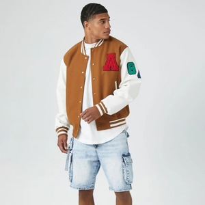 Men's Brown White With Embroidered Letter Patch Preppy Style Regular <b>Fit</b> Turn-down Collar Button Closure Varsity <b>Jacket</b> For Sale - Product Image 2