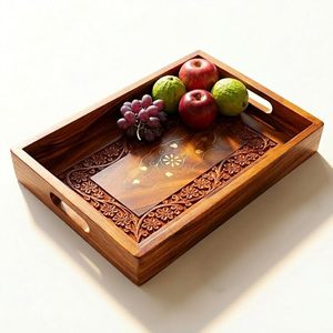 Modern Bamboo Serving Tray Handles Handcrafted Brass Inlay Rectangular Eco-Friendly Breakfast Tea Coffee Snack for Home Kitchen - Product Image 1