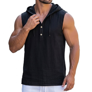 Men's Factory Direct Sales Sleeveless Hoodies <b>Athletic</b> Tank Top Henley Placket Curved Hem Fitness Wear Custom Tank Tops For Men - Product Image 3