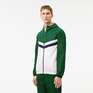 Ensemble de survêtement à capuche pour homme, vert et blanc, avec blocs de couleur, manches longues, fermeture éclair, style sportif décontracté, respirant, en polyester, pour l'automne - Product Image 3