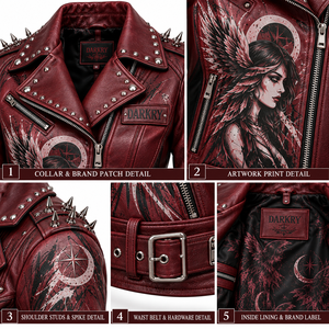 Blouson de motard en cuir véritable bordeaux pour femme, avec imprimé graphique personnalisé corbeau, ourlet ceinturé et clouté, fournisseur de vêtements d'extérieur - Product Image 6