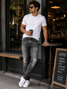 Jean en denim noir délavé pour homme, coupe droite, en coton, décontracté, séchage rapide, respirant, taille mi-haute, OEM ODM, vente en gros - Product Image 4