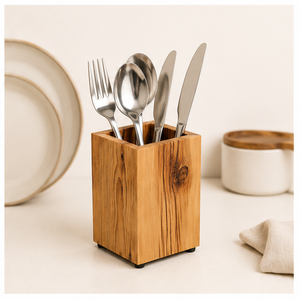 Porte-ustensiles en bois artisanal, grain naturel rustique, organisateur de cuisine en bois pour comptoir, rangement pour couverts et outils, écologique - Product Image 4
