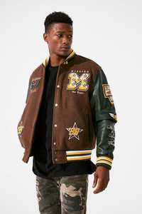 Mission for Varsity <b>Jacket</b> <b>Brown</b> Green <b>Leather</b> Patchwork Embroidered Logo Turn-down Collar Unisex Casual Preppy Style Single - Product Image 4