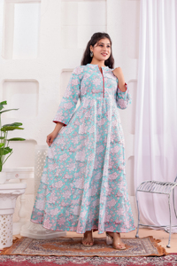 Floral <b>Print</b> Regular Floor-Length Knitted Dress Mandarin Collar Long Sleeve Cotton Ball Gown Formal Eco-Friendly Hand <b>Block</b> - Product Image 3