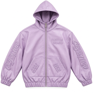 Veste de mode urbaine pour homme personnalisée, en cuir synthétique, à capuche, avec logo embossé sur les manches, fermeture éclair intégrale - Product Image 3