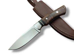 Cuchillo EDC de hoja fija con pulido espejo, mango de palisandro, bolster de acero, espaciador negro, para camping, bushcraft y uso general, con funda de cuero - Product Image 1
