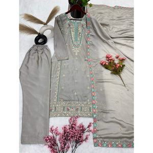 ผ้าชิโน่มีลำดับเย็บปักลายด้วยผ้าลายสองสีเทา - Product Image 3