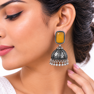 Pendientes Jhumka Rectangulares de Plata Oxidada Amarillo Miel al por Mayor, Joyería Étnica India Vintage Hecha a Mano para Mujer - Product Image 3