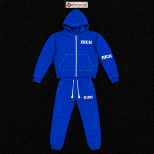 Ensemble de survêtement bleu clouté pour homme – Hoodie graphique à fermeture éclair intégrale et pantalon de jogging – Streetwear décontracté – Logo personnalisé – Vente en gros – Sportswear premium - Product Image 5
