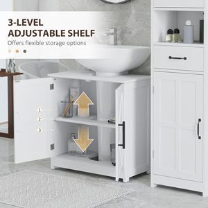 Mobiletto da Bagno Stile Rustico con Lavabo Integrato, 2 Ante Scorrevoli e Ripiano Regolabile, Colore Bianco - Product Image 6