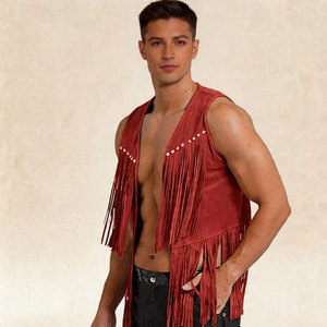 Men Leather Western Fringe <b>Vest</b> <b>Cowboy</b> Suede Sleeveless Jacket Tassel Motorcycle Rodeo Festival Wear Premium OEM Apparel - Product Image 1