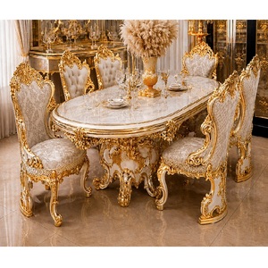 Meubles de salle à manger de style italien haut de gamme en or blanc, style Maharaja, ensemble table et chaises 6 places, acheter une suite de salle à manger classique - Product Image 1