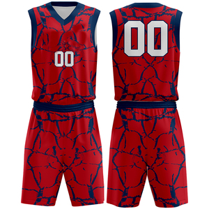 Conjunto de Uniforme de Baloncesto Sublimado Personalizado, Rojo Marino con Patrón Agrietado, Cuello en V, Sin Mangas, Absorbe la Humedad, Unisex para Adultos - Product Image 1