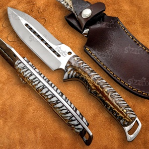 Couteau de chasse et de camping artisanal sur mesure, lame Drop Point, manche en forme de cône de pin, acier D2, couteau utilitaire OEM EDC avec étui en cuir - Product Image 1