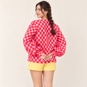 Women's Red Pink Plaid <b>Balloon</b> Sleeve Blouse Peter Pan Collar Loose Fit <b>Long</b> Sleeve Top - Product Image 6