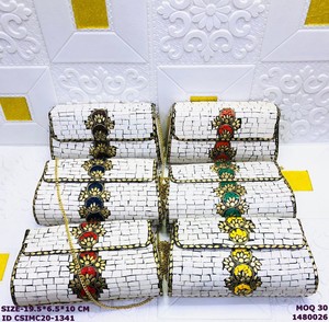 Handmade White Mosaic Clutch Bag Floral Stone Embellishment | Craftstages International Designer Sling Clutch for Women | - Product Image 1