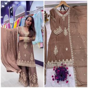 ชุดชาราร่าผ้าไหมชิโนนสวยงามสไตล์อินเดีย-ปากีสถาน ชุดชาราร่าแบบหนักสไตล์ชาติพันธุ์ ชุดสำหรับงานปาร์ตี้ งานแต่งงาน และสวมใส่ลำลองสำหรับผู้หญิง - Product Image 2