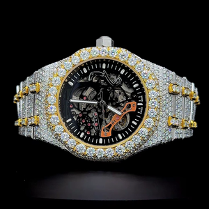 Reloj de Lujo Personalizado para Hombre, Estilo Hip Hop, con Diamantes Moissanite, Esqueleto, Oro Amarillo, Dos Tonos, Correa de Acero Inoxidable Completamente Adornada - Product Image 1