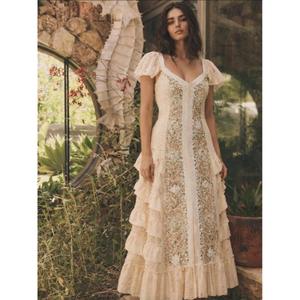 Vestido Maxi Bohemio Casual de Algodón Bordado con Manga Regular, Cuello en V, Corte Acampanado, Largo hasta el Suelo, Ecológico, Transpirable y con Cintura Natural - Product Image 1