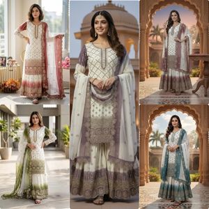 Conjunto de Salwar Kameez Bordado en Georgette Marrón para Mujer, Pantalón Palazzo de Dos Tonos con Dupatta, Traje Tradicional para Bodas y Fiestas - Product Image 6