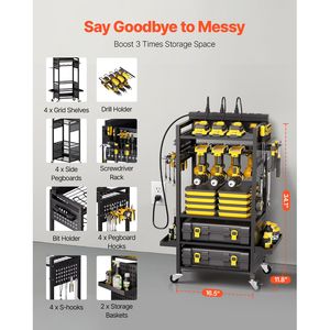Carrello Portautensili a 5 Livelli con 8 Prese AC, Stazione di Ricarica, Porta Trapani e Rack per Batterie, Carrello Portautensili da Pavimento - Product Image 3