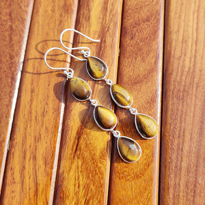 Pendientes Colgantes de Ojo de Tigre Natural, Estilo Bohemio, Hechos a Mano, Chapados en Plata, con Piedras Preciosas, Diseño Único de Alta Calidad para Mujer - Product Image 4