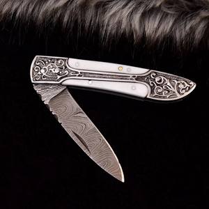 Damascus Steel Folding <b>Knife</b> Engraved Handle Vertical Carry Sheath <b>Pocket</b> <b>EDC</b> Hunting Camping Drop Point <b>Knife</b> Custom OEM <b>Knife</b> - Product Image 2
