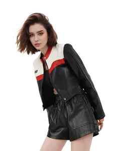 Chaqueta de aviador de cuero para mujer, edición corta, cuello alto, cremallera, nueva, en contraste, de moda, superventas - Product Image 2