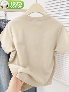 เสื้อยืดคอกลมพิมพ์ลายดอกไม้สีครีมคุณภาพสูงสำหรับผู้หญิง ผ้าฝ้าย 100% ทรงปกติ สวมใส่สบายๆ สำหรับฤดูใบไม้ผลิและฤดูร้อน แขนสั้น ผ้าเจอร์ซีย์ถัก - Product Image 2