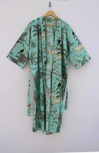 Bata Kimono con Estampado de Dibujos Animados para Mujer, 100% Algodón Transpirable, Camisón de Verano Hecho a Mano, Cuello en V, Cintura Elástica, Largo Completo - Product Image 2
