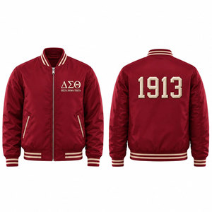 Veste universitaire Delta Sigma Theta, crème et rouge, broderie 1913, fermeture éclair sur le devant, style preppy, veste bomber unisexe - Product Image 4