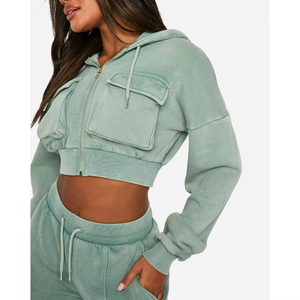 Women's Casual <b>Cropped</b> Hoodie | Drop Shoulder <b>Zip</b>-<b>Up</b> Hoodie | Trendy Streetwear 100% Cotton Zipper Pullover with Front Logo - Product Image 3