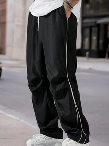 Men's Black & White Line <b>Drawstring</b> Straight Leg Casual Pants Spring Autumn Loose Cargo Style <b>Trousers</b> - Product Image 2