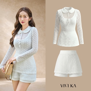 Women's <b>2</b> <b>Piece</b> <b>White</b> Stretch Lace <b>Set</b> Long Sleeve Peter Pan Collar Top High Waist Skort Matching Outfit Breathable ARWEN - Product Image 1
