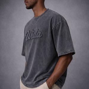 Camiseta de algodón de punto estampada de alta calidad para hombre, cuello redondo, holgada, con apliques bordados, lavada, estilo boxy, desgastada, tallas grandes - Product Image 2