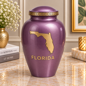 Urne commémorative en métal violet de qualité supérieure avec incrustation dorée de la carte de la Floride, bande décorative en laurier et finition brillante raffinée - Product Image 1