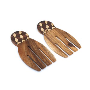 Utensilios de arte fino de madera de suar de grado alimenticio, con forma de mano, con incrustaciones de concha de coco blanca y oscura, motivo de ajedrez, color marrón claro, para servir ensaladas. - Product Image 1