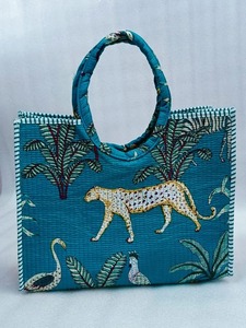 Handmade Cotton Block Print <b>Bag</b> Tiger Print Quilted Tote <b>Bag</b> <b>Indian</b> Handcrafted Shoulder <b>Bag</b> - Product Image 1