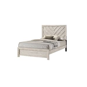 Cama Juvenil Tamaño Individual, Acabado Rústico Beige Gris, Diseño Geométrico con Patrón Chevron, Mueble de Dormitorio de Madera de una Sola Pieza - Product Image 1