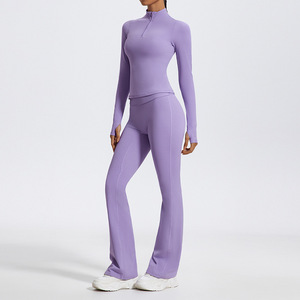 Ensemble de sport pour femme : Leggings et haut de yoga à manches longues zippé, pantalon évasé taille haute respirant - Product Image 2